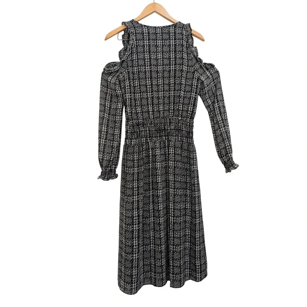 Michael Michael Kors Cold Shoulder Dress Black White Plaid Smocked - XS